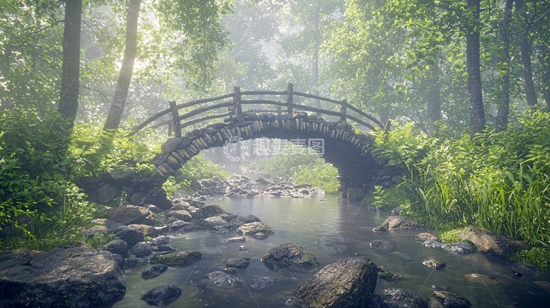 高清大图下载【趣麦麦图】雾气森林小桥流水