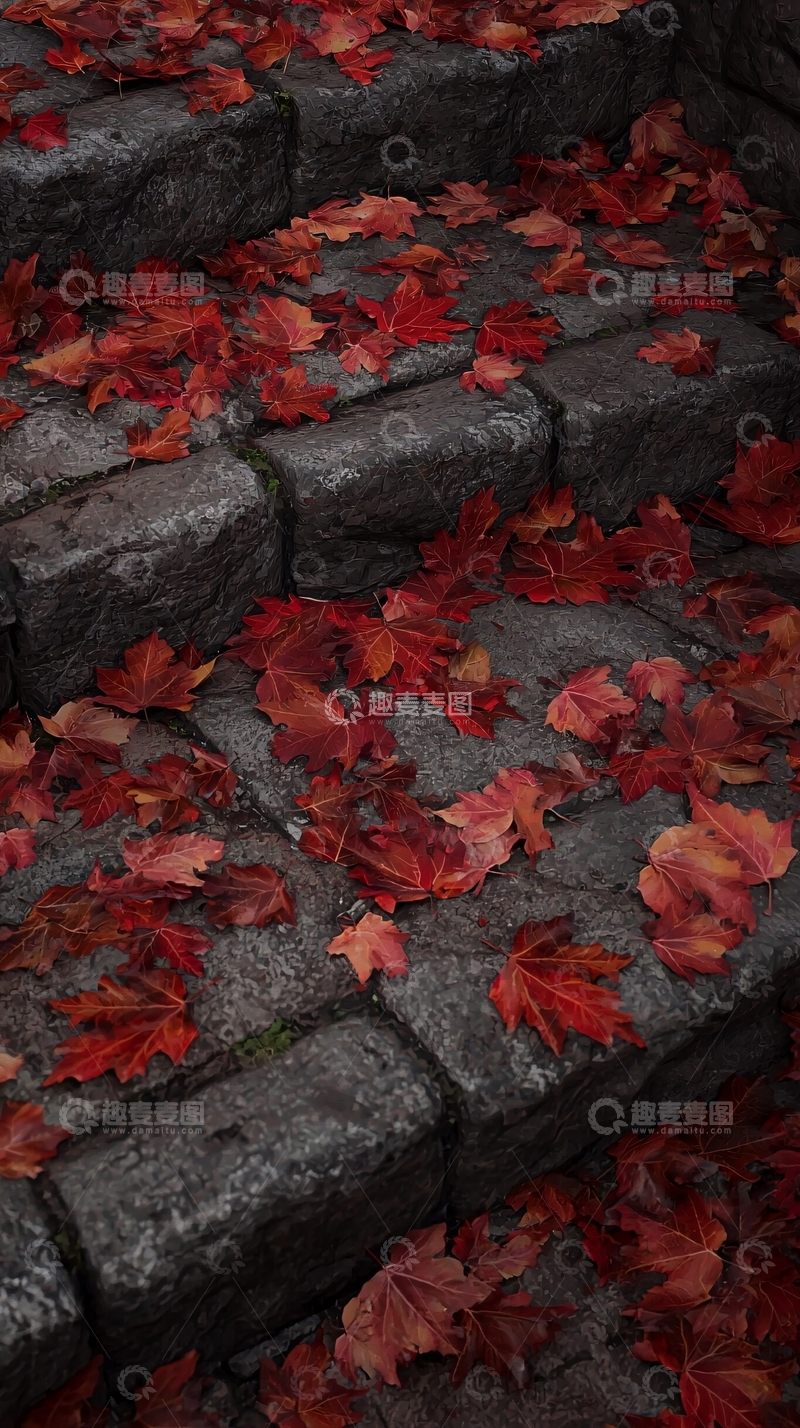 高清大图下载【趣麦麦图】石阶上的红叶