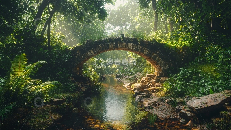 高清大图下载【趣麦麦图】原始森林古桥溪流