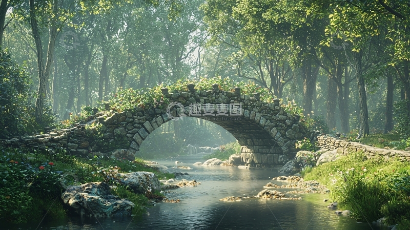 高清大图下载【趣麦麦图】古桥流水环绕绿意盎然