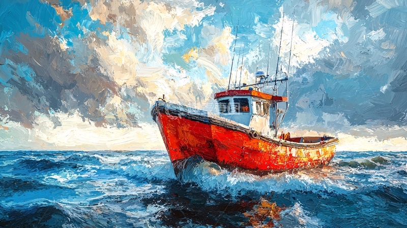 高清大图下载【趣麦麦图】红色的渔船在海面上行驶