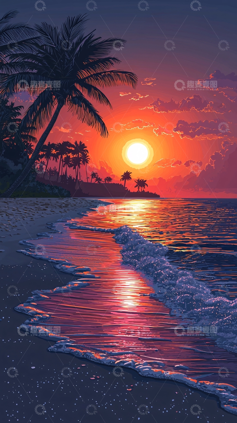 高清大图下载【趣麦麦图】热带海滩日落椰子树