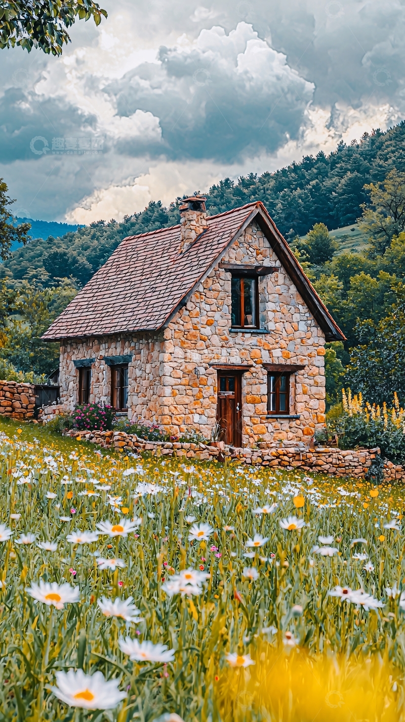 高清大图下载【趣麦麦图】山间石屋野花田