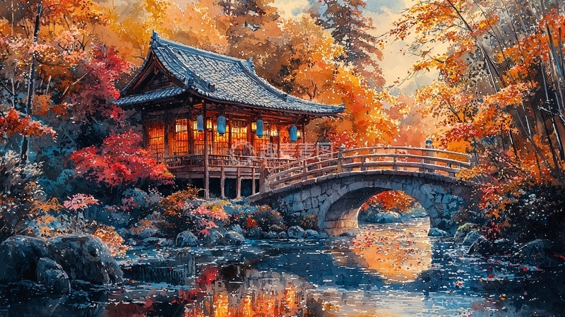 高清大图下载【趣麦麦图】秋日寺庙小桥流水美景