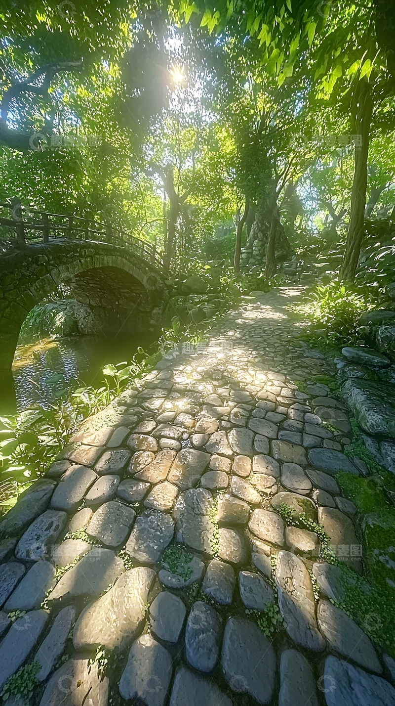 高清大图下载【趣麦麦图】阳光森林石板路