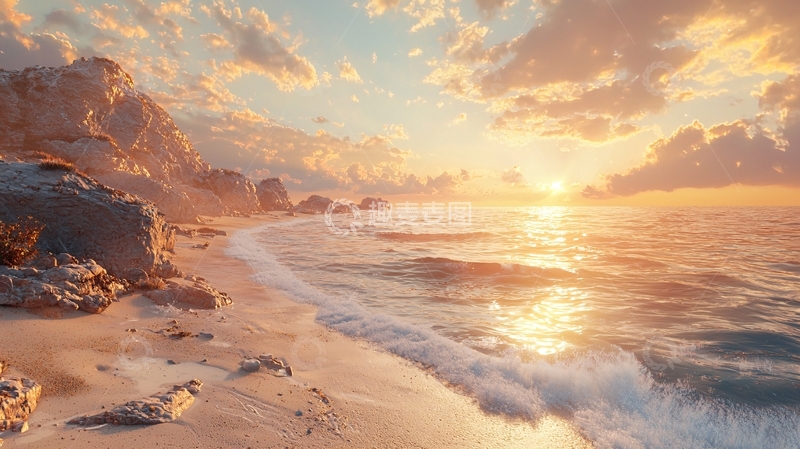 高清大图下载【趣麦麦图】金色阳光下的海滩海岸
