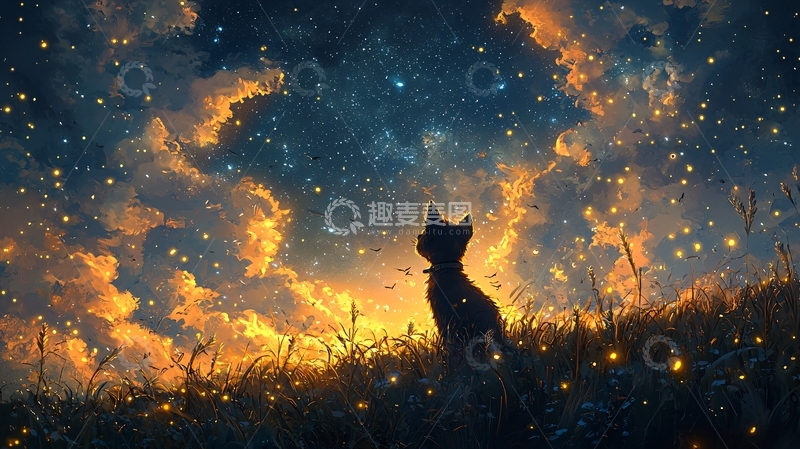高清大图下载【趣麦麦图】星空下的黑猫