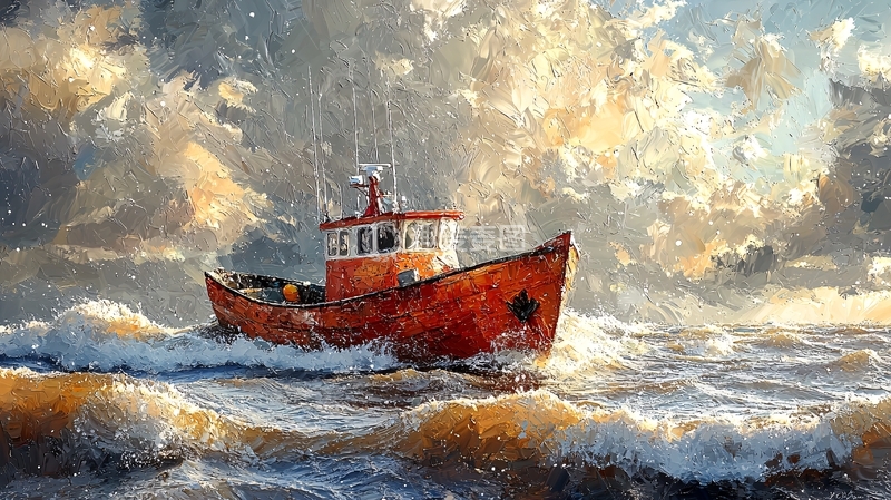 高清大图下载【趣麦麦图】风暴中孤独的红色渔船