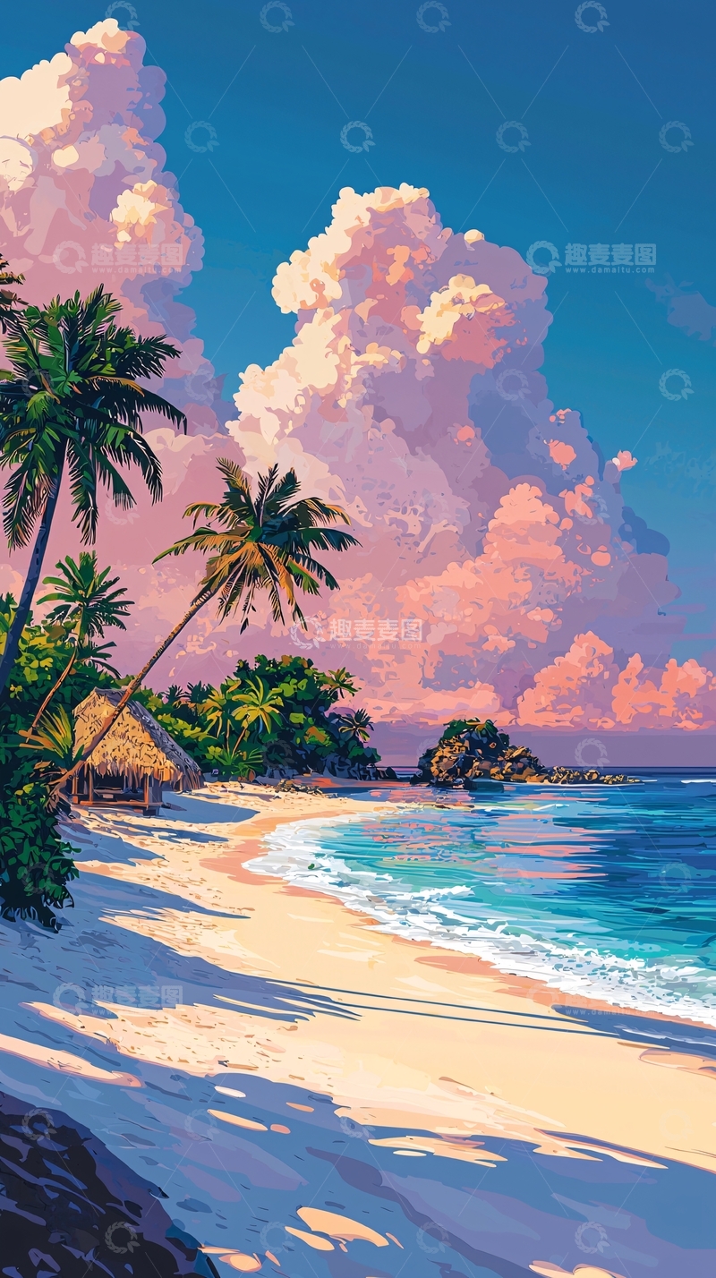 高清大图下载【趣麦麦图】热带海滩椰树风景画