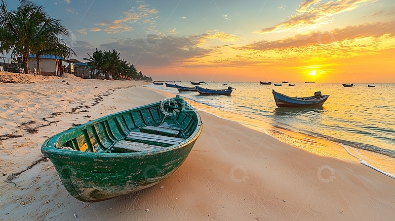 高清大图下载【趣麦麦图】海边日落的渔船