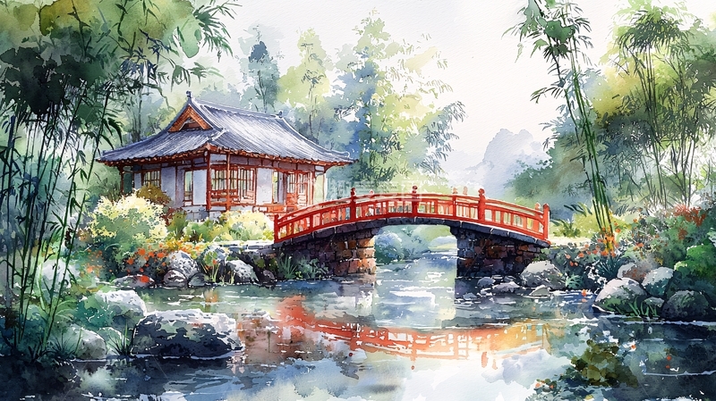 高清大图下载【趣麦麦图】水彩风格的小桥流水人家