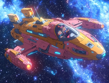 星空中的粉色黄色宇宙飞船