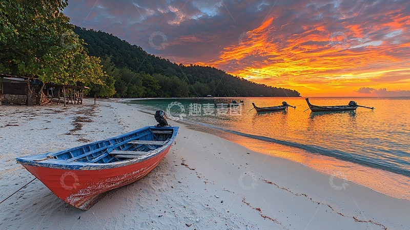 高清大图下载【趣麦麦图】海滩日落小船