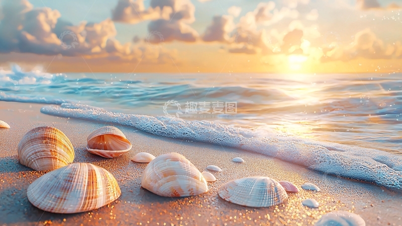 高清大图下载【趣麦麦图】海滩贝壳夕阳下的宁静