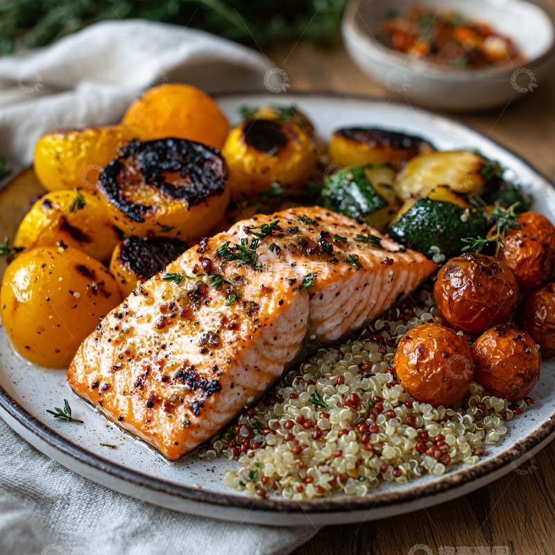 高清大图下载【趣麦麦图】烤三文鱼配烤蔬菜藜麦