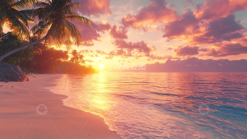 高清大图下载【趣麦麦图】海边日落椰树唯美风景