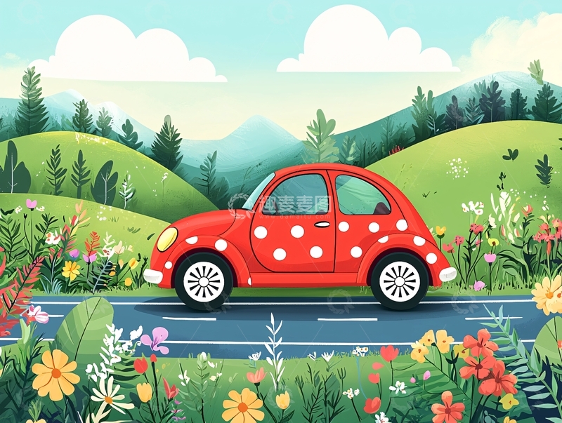 高清大图下载【趣麦麦图】红点小汽车田园风光