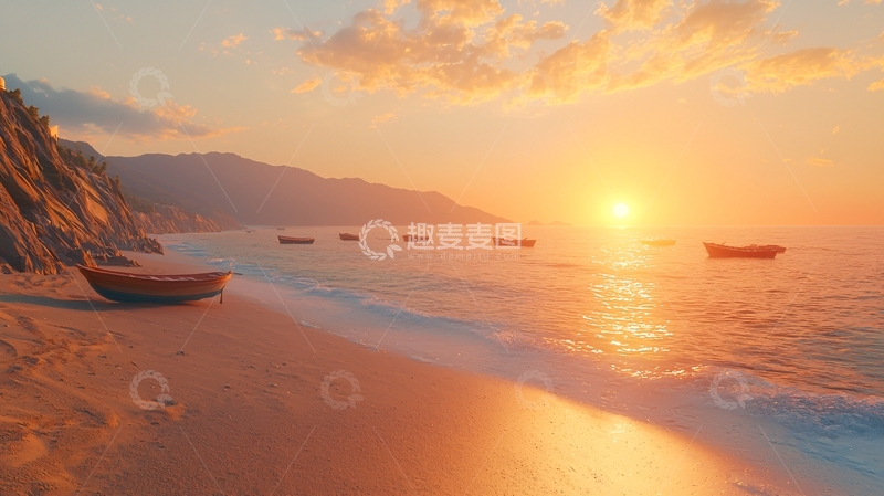 高清大图下载【趣麦麦图】金色沙滩日落海景