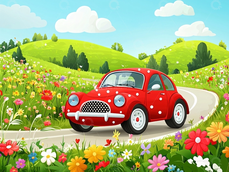 高清大图下载【趣麦麦图】红点小汽车乡村田园风光