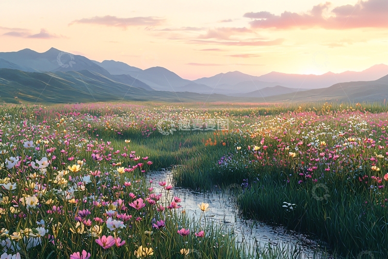 高清大图下载【趣麦麦图】夕阳下鲜花盛开的山谷