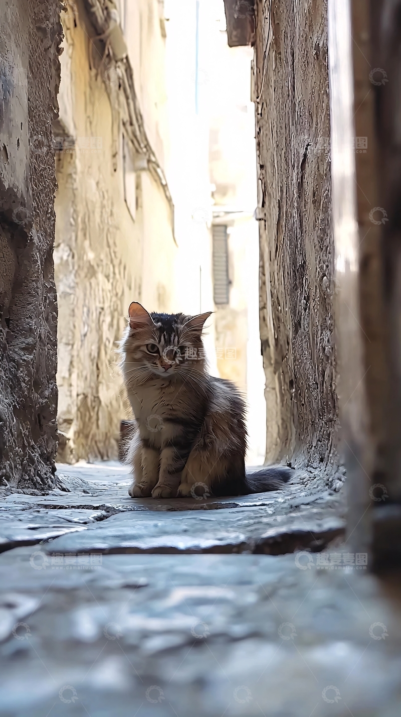 高清大图下载【趣麦麦图】狭窄巷弄里的长毛猫