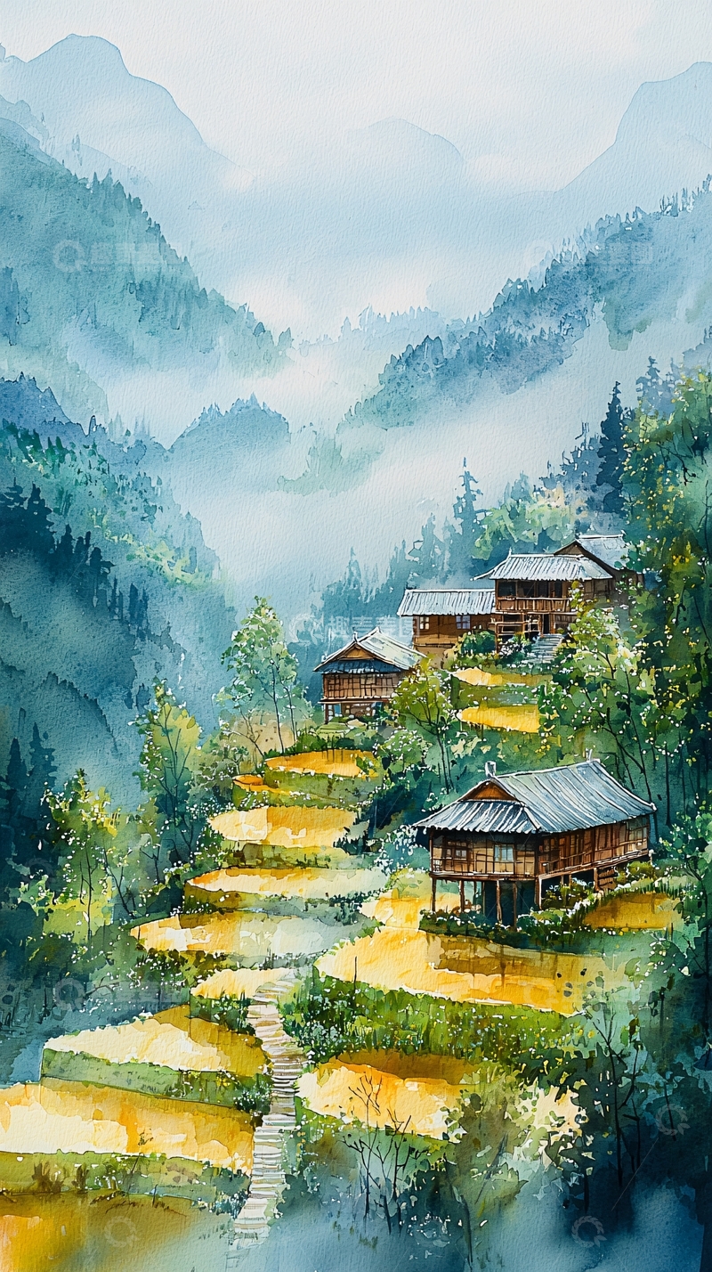 高清大图下载【趣麦麦图】水彩梯田山间村落