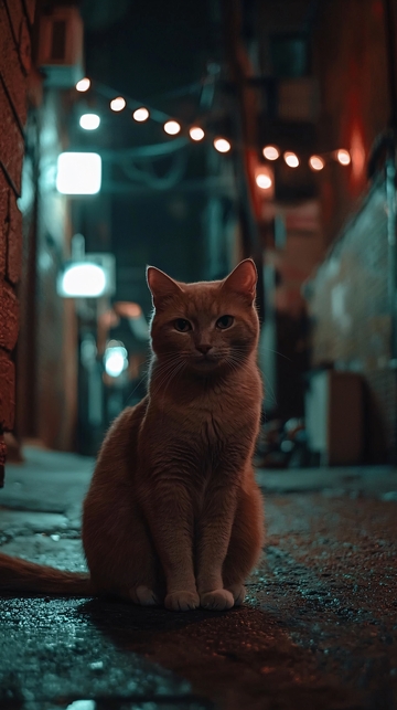 夜晚巷弄里一只橘猫