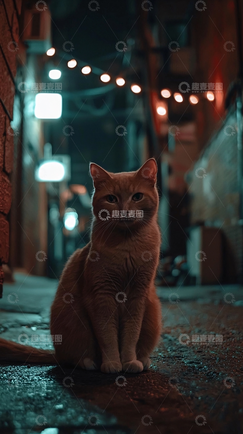 高清大图下载【趣麦麦图】-夜晚巷弄里一只橘猫