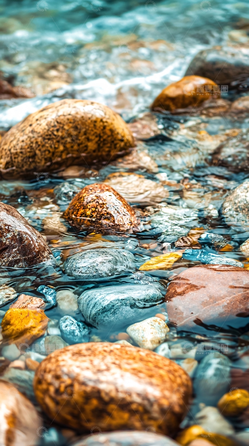 高清大图下载【趣麦麦图】清澈溪流中的彩色鹅卵石