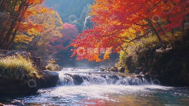 高清大图下载【趣麦麦图】秋日溪流枫叶红