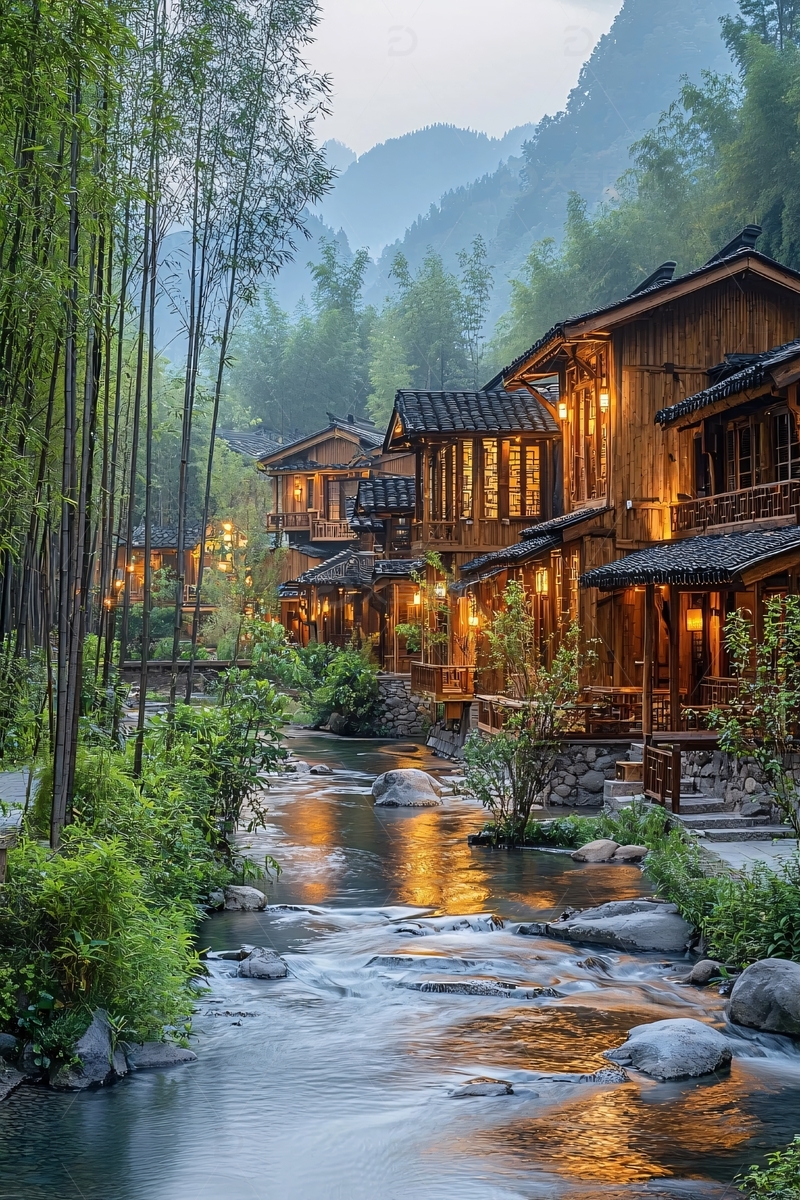 竹林小溪边木屋