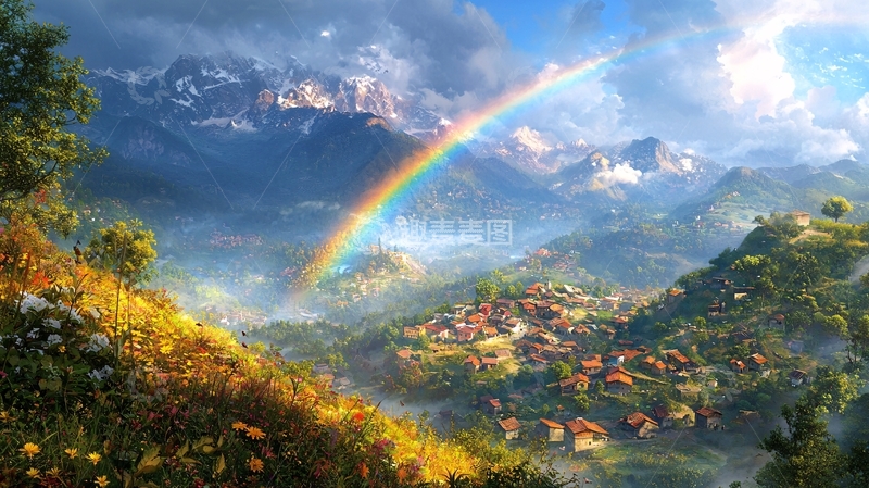 高清大图下载【趣麦麦图】彩虹下的山谷村庄