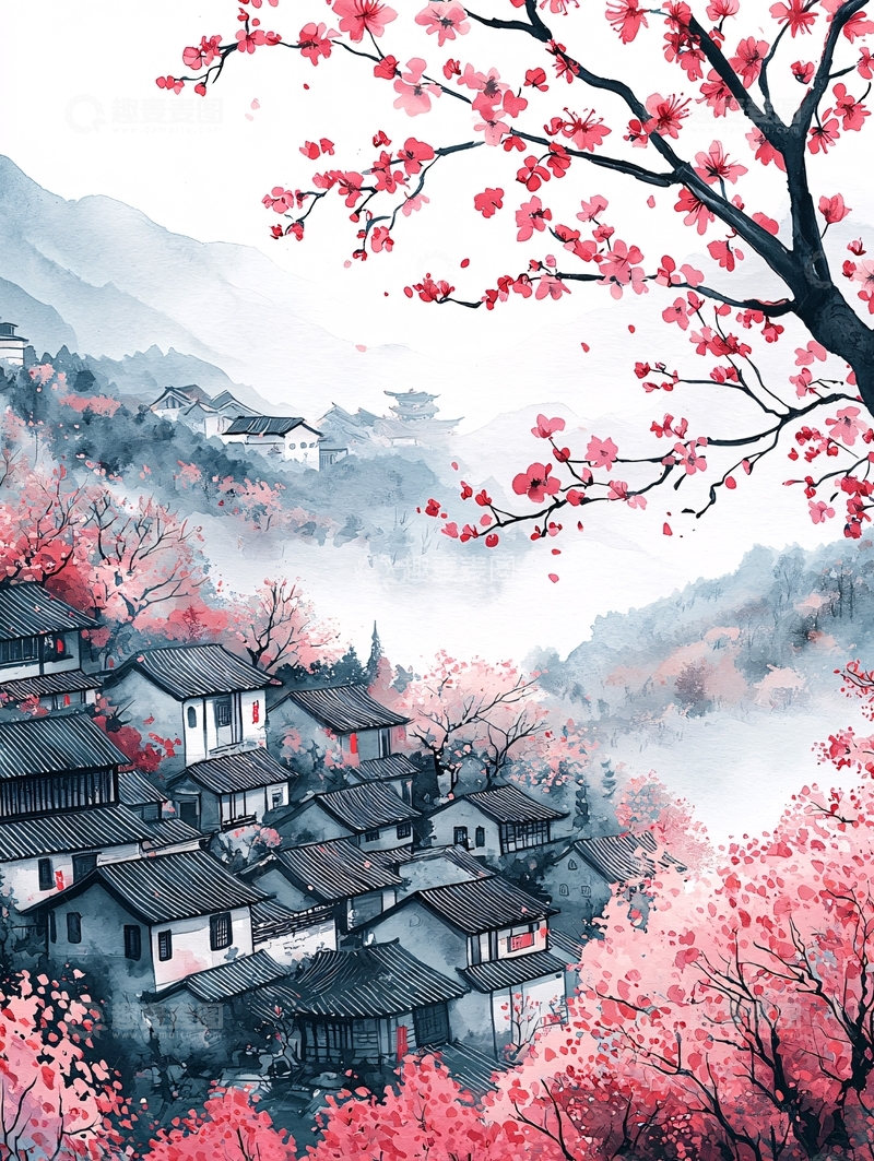 高清大图下载【趣麦麦图】水墨风樱花村落