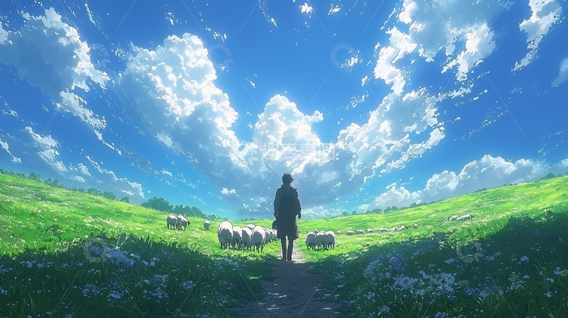 高清大图下载【趣麦麦图】牧羊人与羊群在绿地