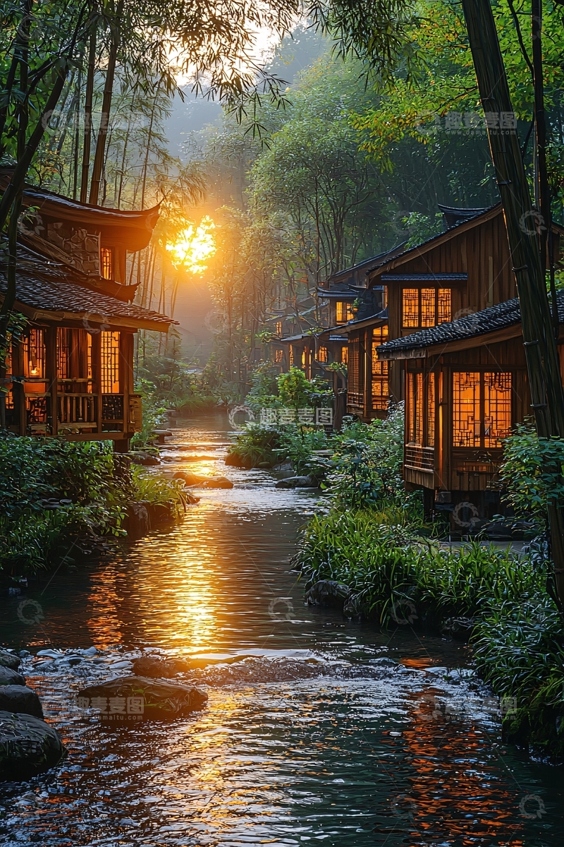 高清大图下载【趣麦麦图】竹林小溪傍晚房屋