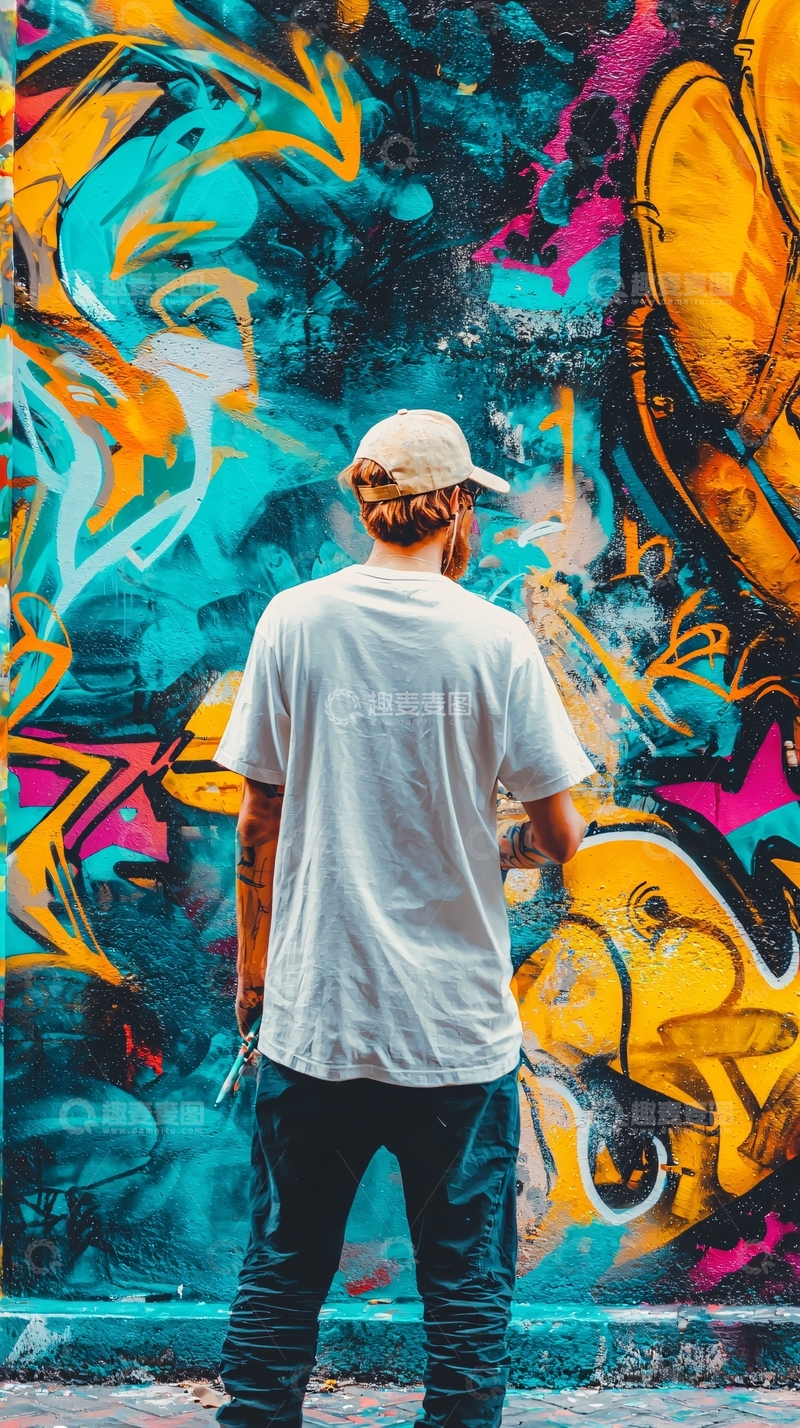 高清大图下载【趣麦麦图】多彩涂鸦墙前背影男士