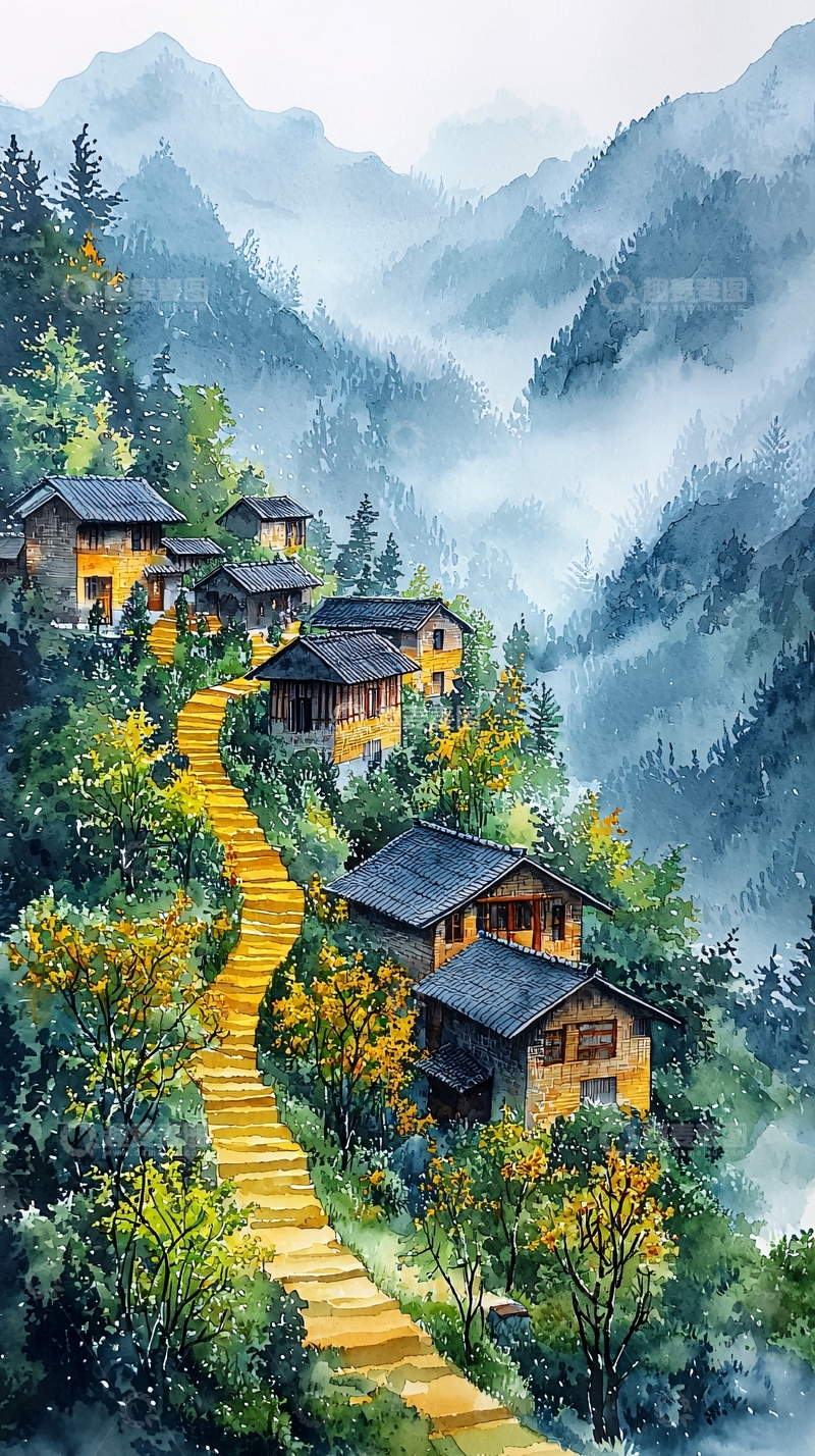 高清大图下载【趣麦麦图】山间村落水彩画