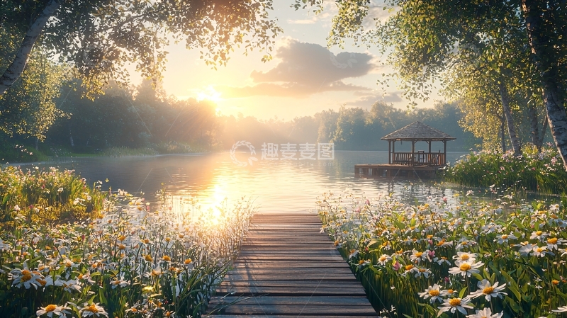 高清大图下载【趣麦麦图】阳光洒在湖面上的宁静