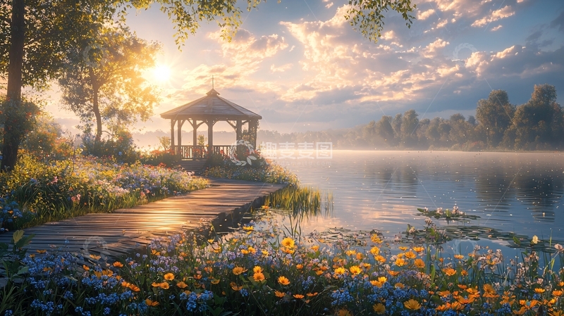 高清大图下载【趣麦麦图】湖边凉亭的金色梦幻景色