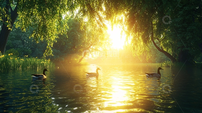高清大图下载【趣麦麦图】清晨湖边三只鹅