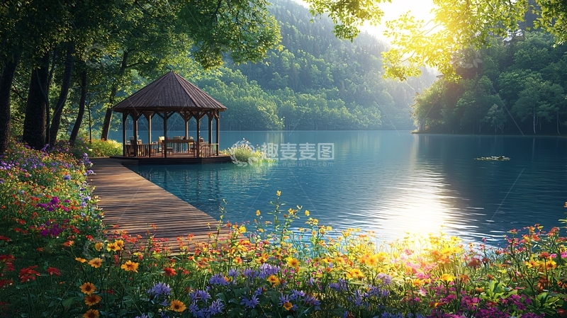 高清大图下载【趣麦麦图】湖边凉亭鲜花盛开的唯美景色