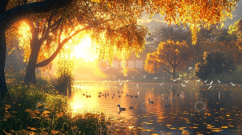 高清大图下载【趣麦麦图】秋日清晨湖边景色