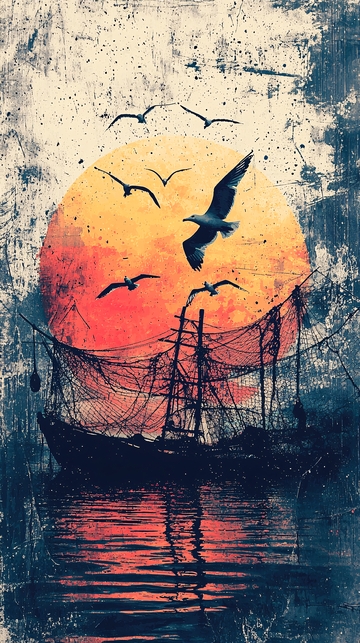 日落海景老船海鸥