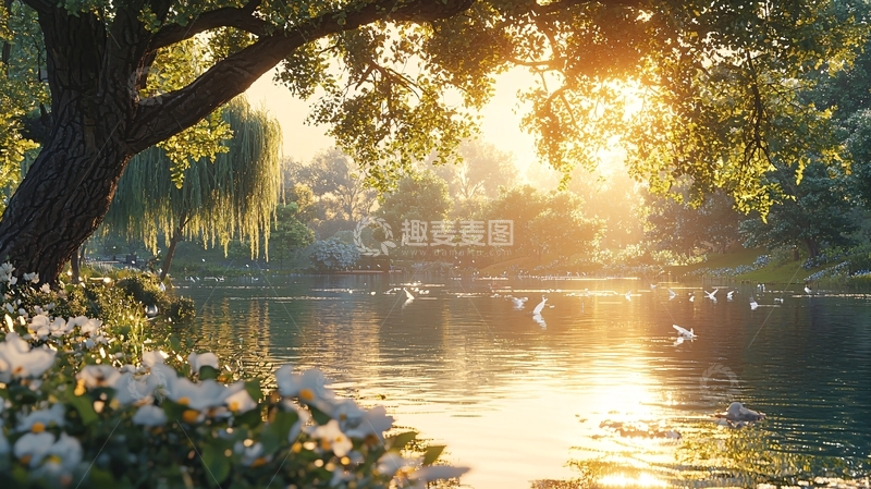 高清大图下载【趣麦麦图】阳光穿过树林照射湖面