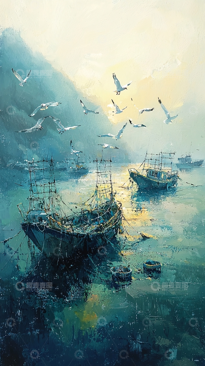 高清大图下载【趣麦麦图】海港晨曦渔船归航