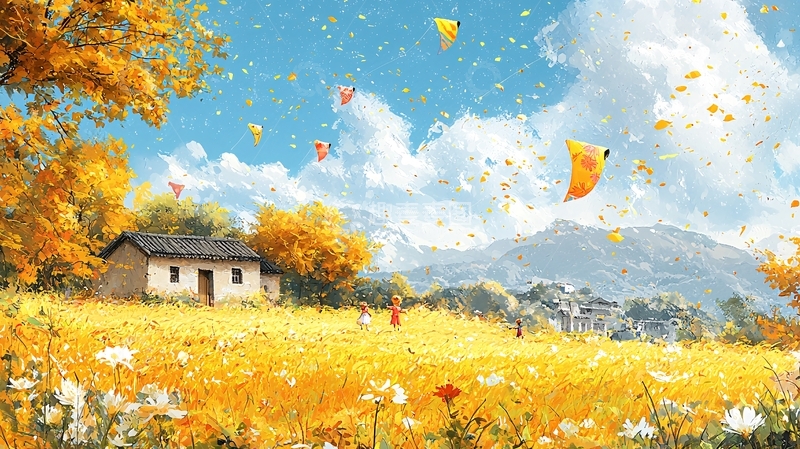 高清大图下载【趣麦麦图】秋日田野房屋落叶唯美风景