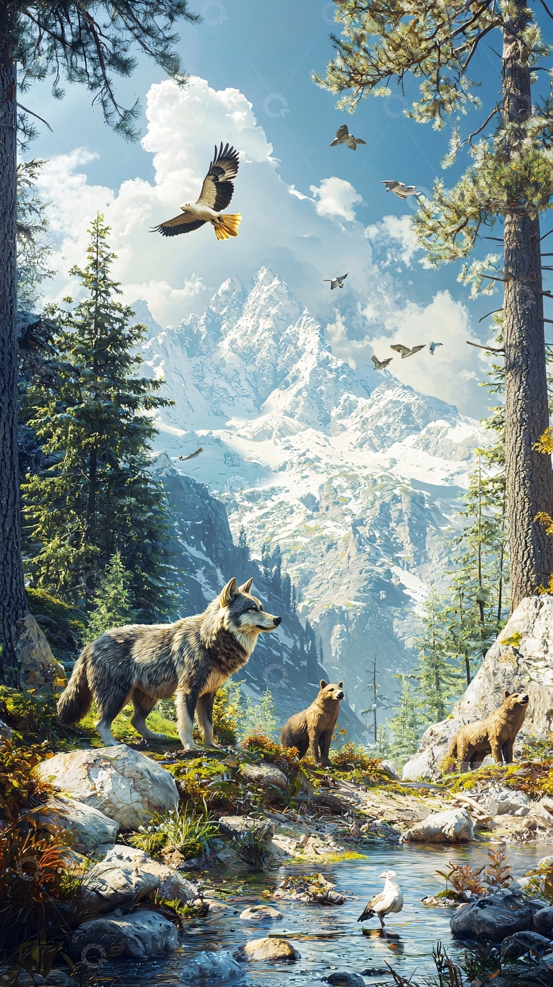 高清大图下载【趣麦麦图】高山峻岭狼熊溪流