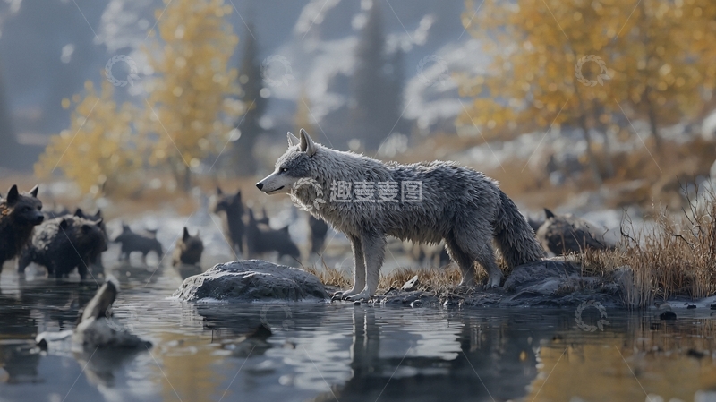高清大图下载【趣麦麦图】灰狼和幼崽在秋天的河边