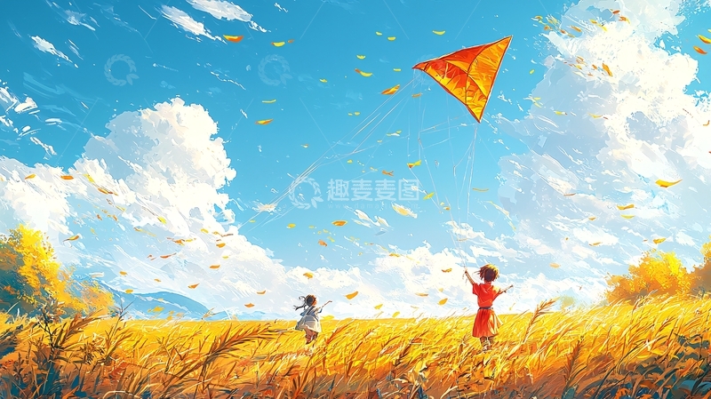 高清大图下载【趣麦麦图】秋日田野放风筝