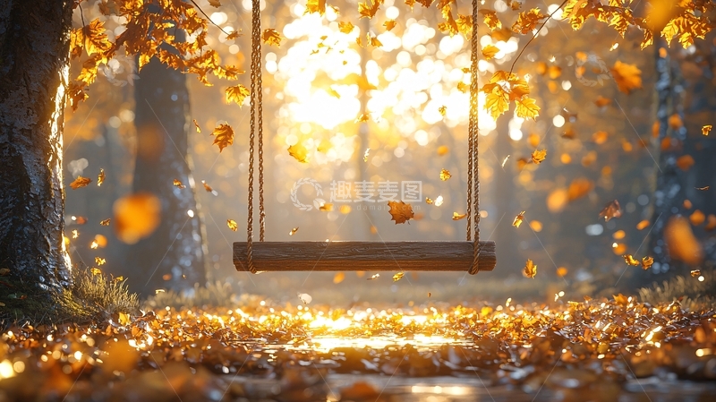 高清大图下载【趣麦麦图】秋日森林中的阳光秋千
